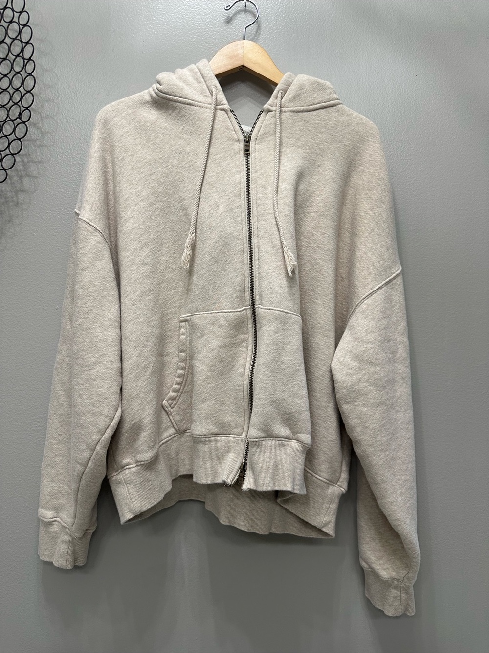 Neutral Light Taupe Full-Zip Hoodie with Drawstring Hood
